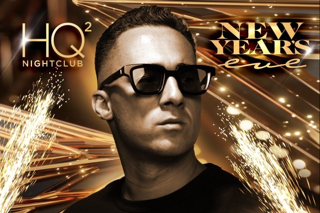 DJ promotional image for HQ2 Nightclub’s New Year’s Eve event, featuring lights, pyrotechnics, and a high-energy nightlife vibe.
