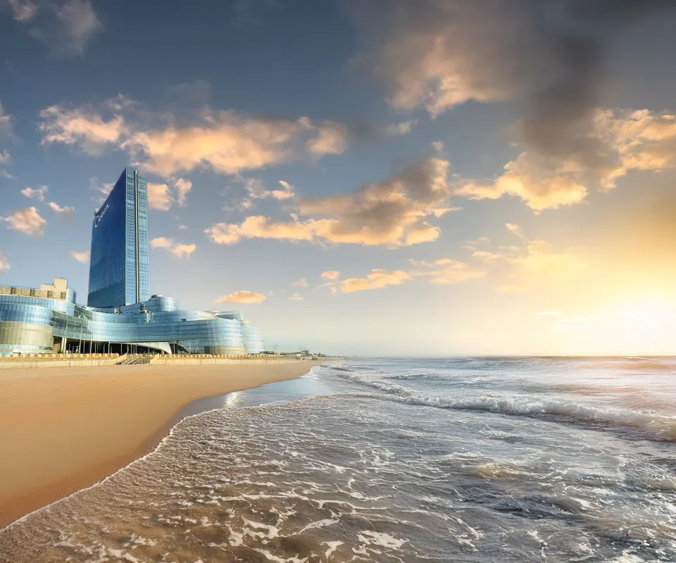 Ocean Casino Resort on Atlantic City beach at sunrise with oceanfront skyline views