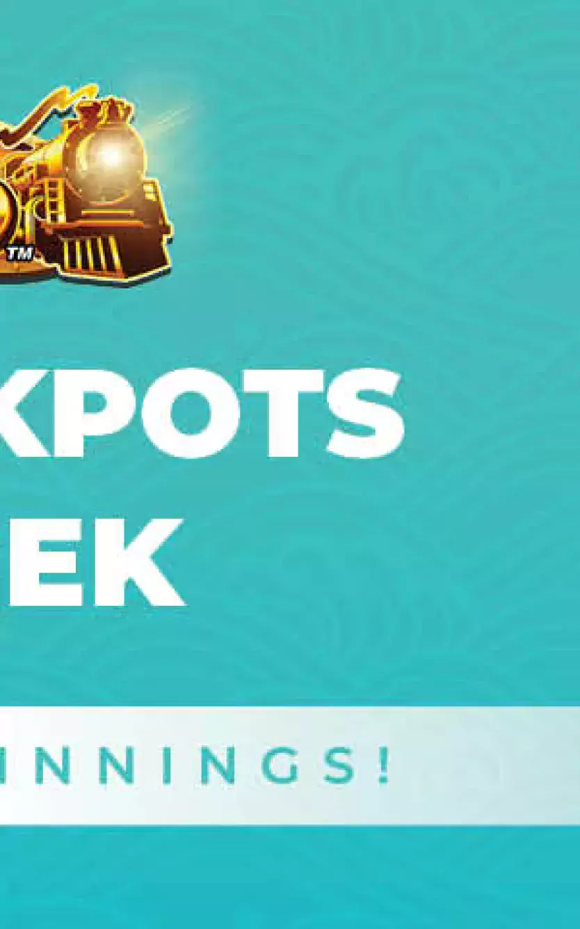 Graphic and image of slot machines and text saying "Three Jackpots One Week"