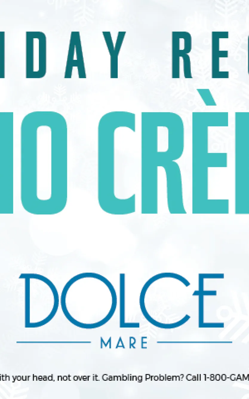 Festive graphic with words "Holiday Recipe: Cappuccino Creme Brulee" and the Dolce Mare logo 