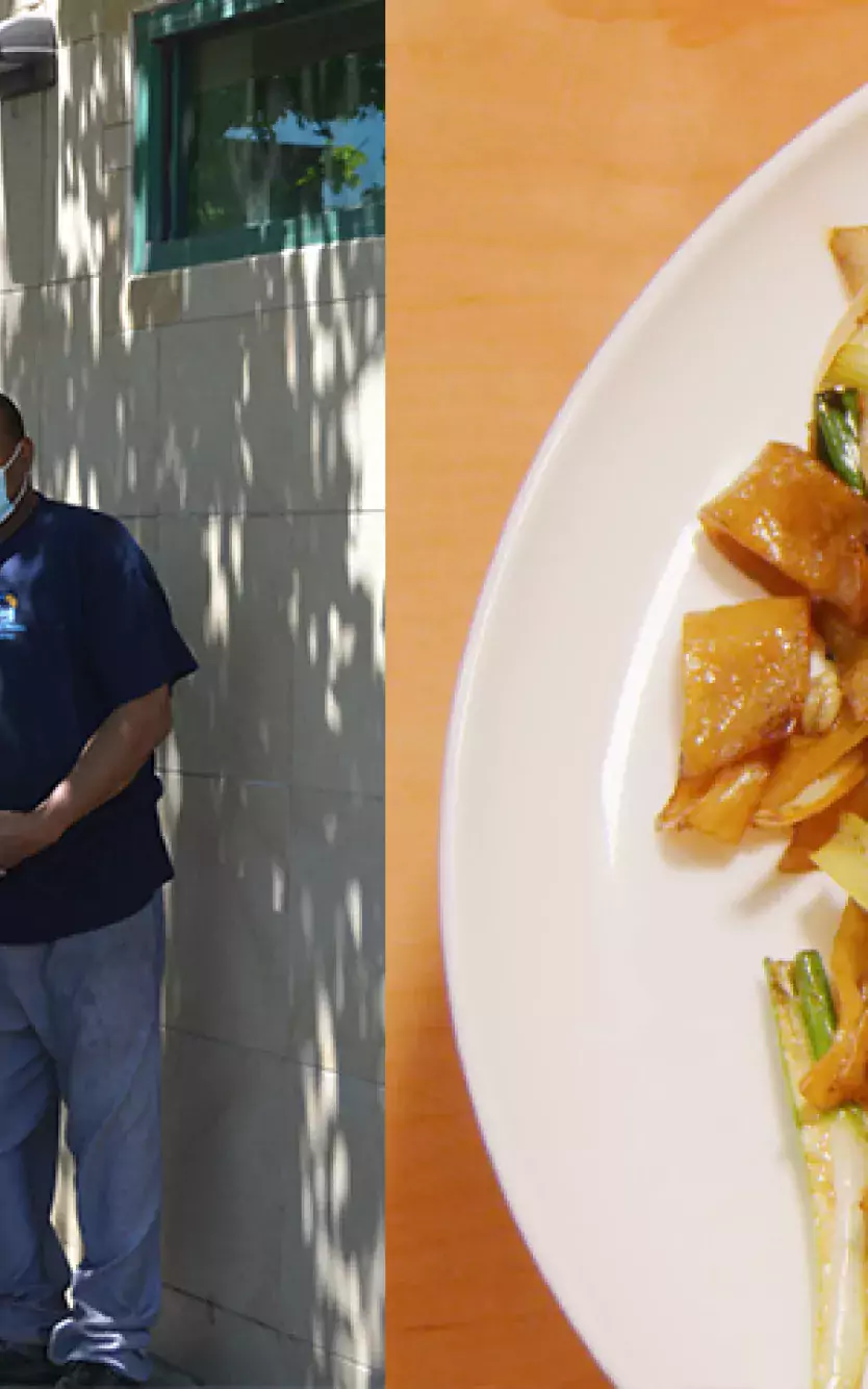 two images of volunteers passing out water bottles and a plate of food