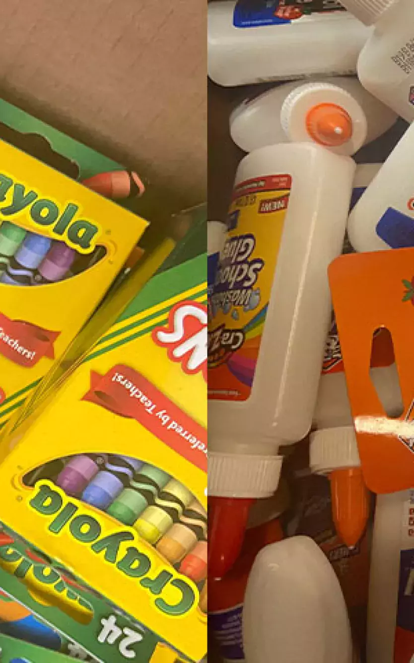 two images of donated school supplies - crayons and glue sticks