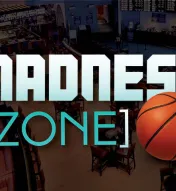 Image of sports betting venue with overlayed text "Madness Zone" and a graphic of a basketball