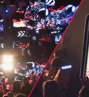 Two-image collage with HQ2 Nightclub during a performance and the HQ2 Sign advertising a Cash Cash show