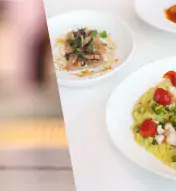 Winter dining specials collage with a green cocktail and various seasonal dishes