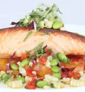 plated meal with salmon and vegetables