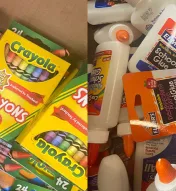 school supplies including crayons and glue sticks