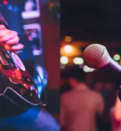 two images side-by-side of a man playing a guitar and an open mic in front of a crowd
